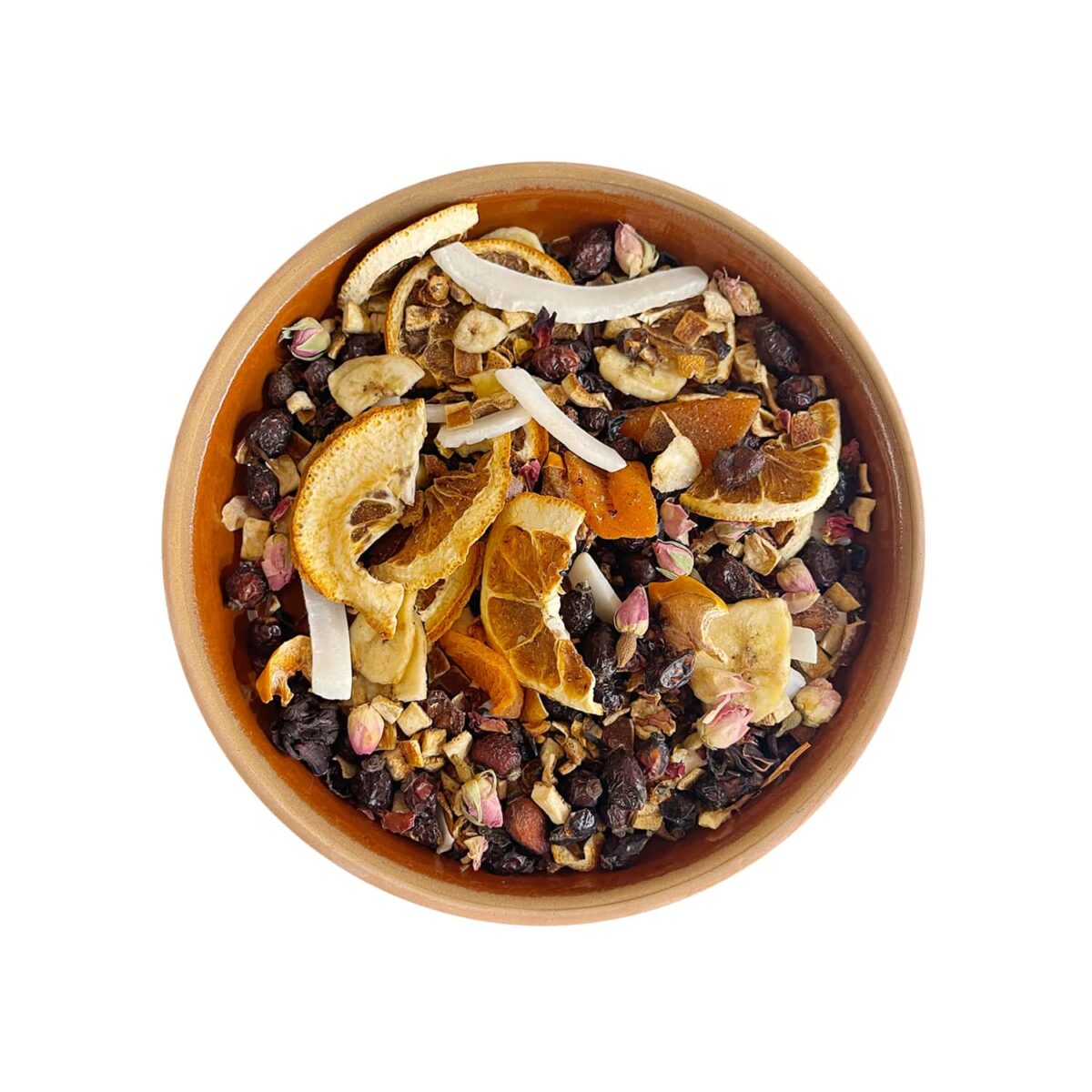 Energy Tropical Tea - A revitalizing blend of organic orange, coconut, banana slices, rosehip, strawberry slices, Isparta rosebuds, orange peel, and hibiscus. Turkish Herbal Tea by TonTea.