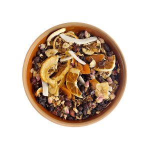Energie Tropen Tee - Eine revitalisierende Mischung aus Bio-Orangenscheiben, Kokosscheiben, Bananenscheiben, Hagebutte, Erdbeerscheiben, Isparta-Rosenknospen, Orangenschale und Hibiskus. Türkischer Kräutertee von TonTea.