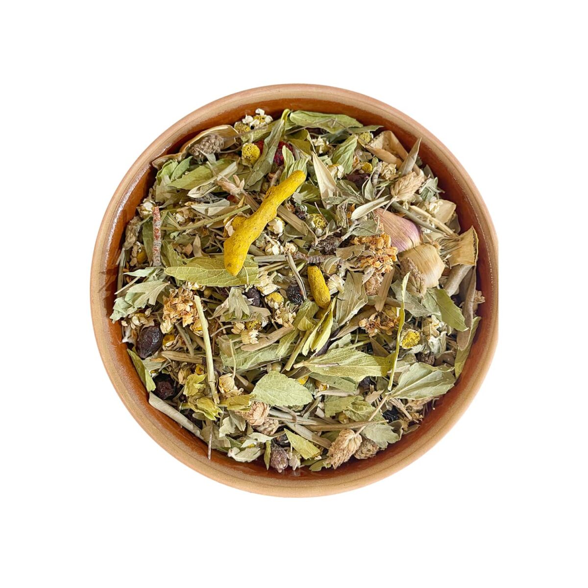 Fat Tea - An herbal blend featuring olive leaves, rosemary, turmeric, rosehip, hawthorn flower, and chamomile for cholesterol regulation and heart health support.