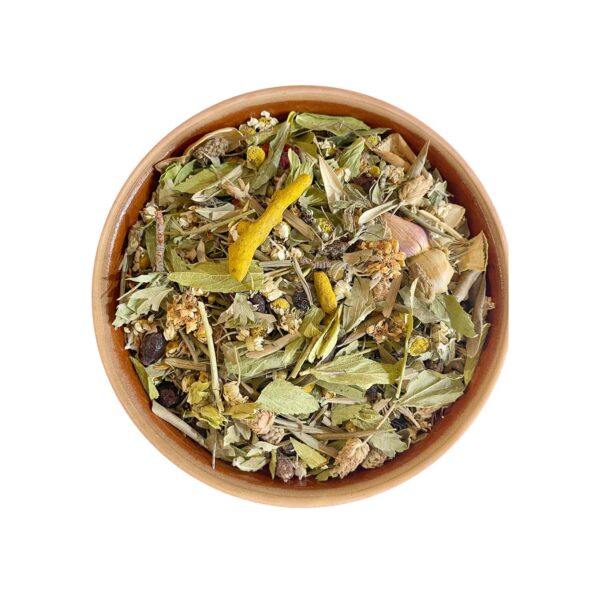 Fat Tea - Un mélange d'herbes composé de feuilles d'olivier, de romarin, de curcuma, d'églantier, de fleur d'aubépine et de camomille pour la régulation du cholestérol et le soutien de la santé cardiaque.