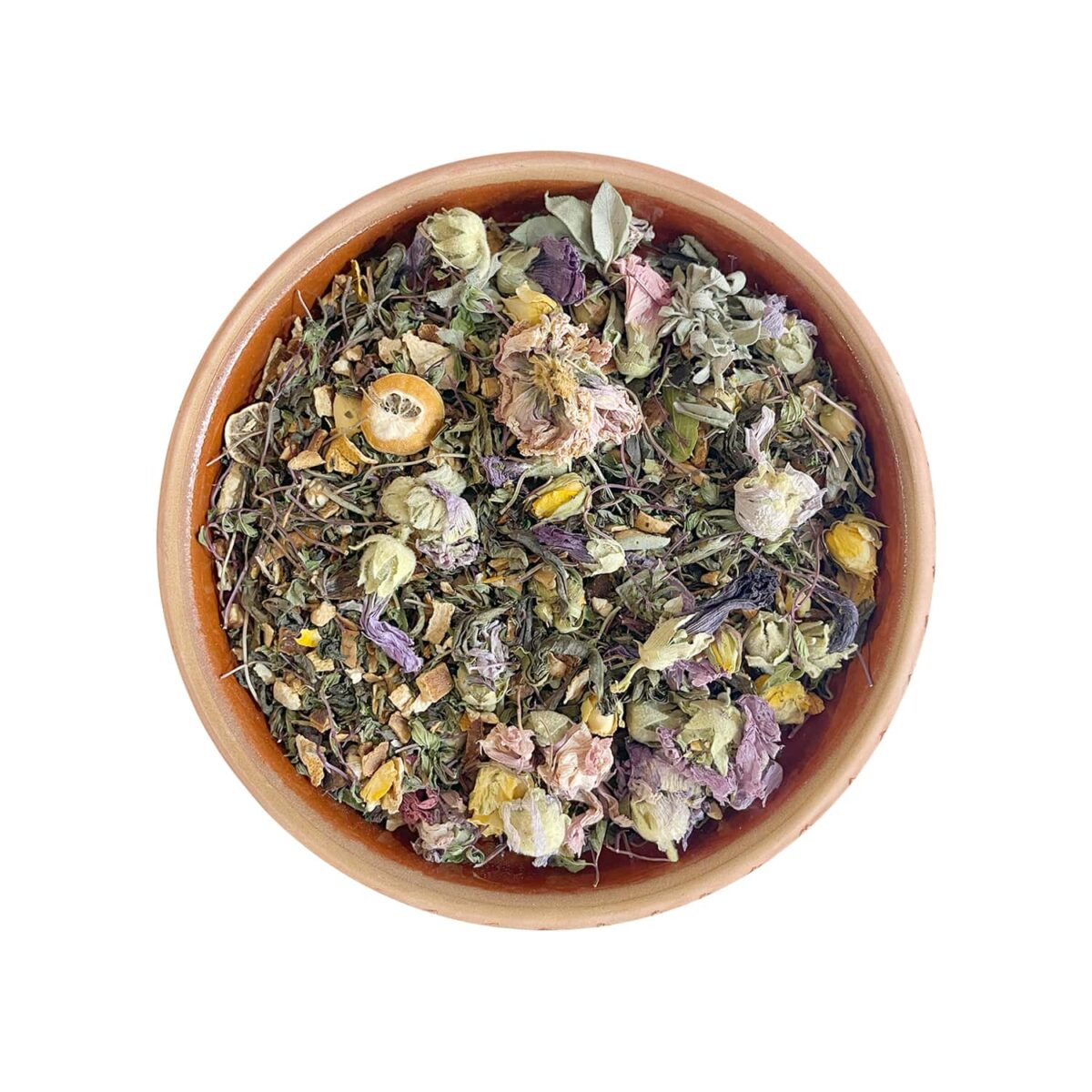 Mint and Lemon Tea - A refreshing blend of medicinal mint, Himalayan musk rose, hollyhocks rose, lemon slices, orange peel, and medicinal sage. Turkish Herbal Tea by TonTea.