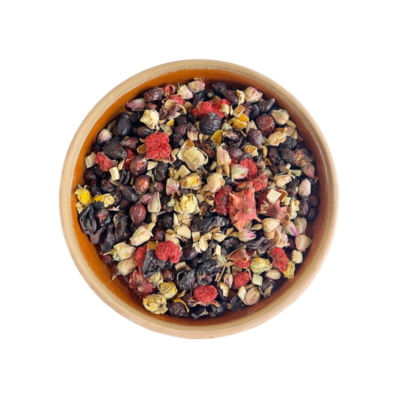 Magentee - Eine Mischung aus männlichem Senna, Salbei, Kamille, Ringelblume, samtiger Granatblüte, Isparta-Rosen und Lakritzscheibe. Türkischer Kräutertee von TonTea.